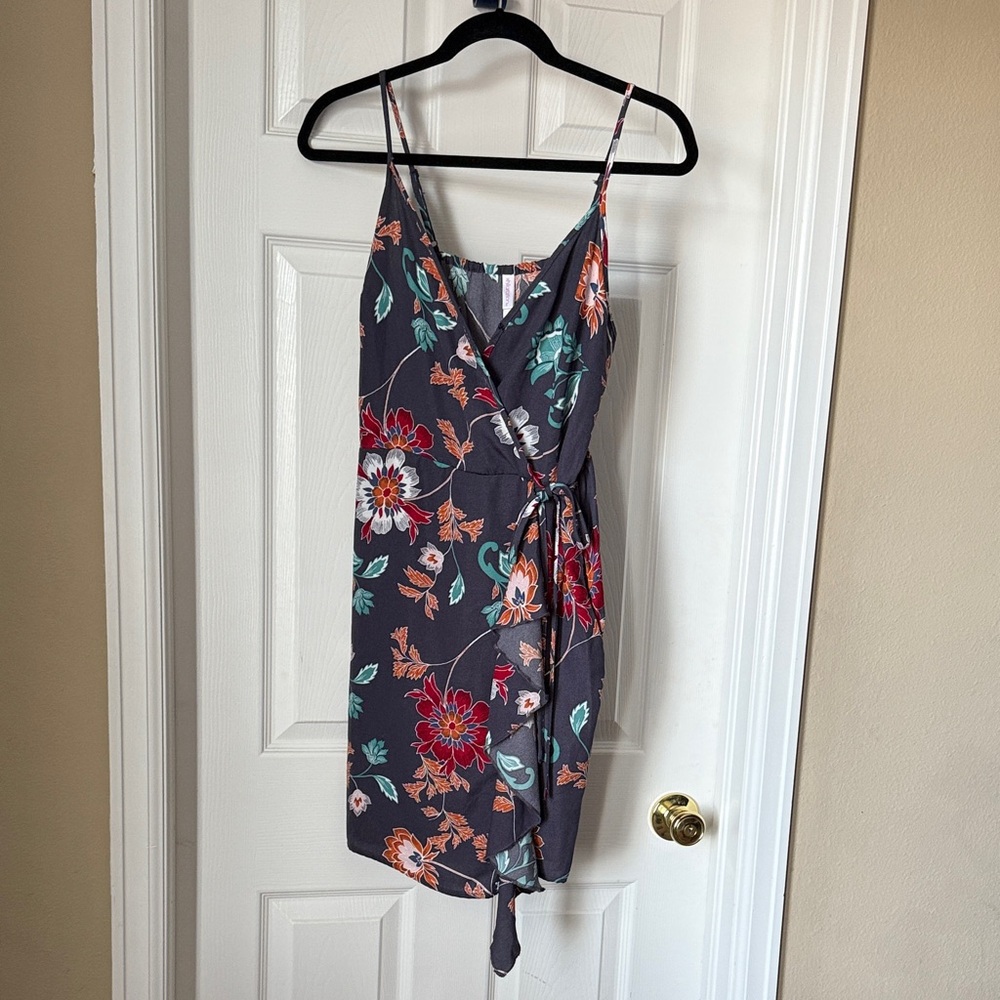 Xhilaration Blue/Gray Floral Mini Wrap Dress